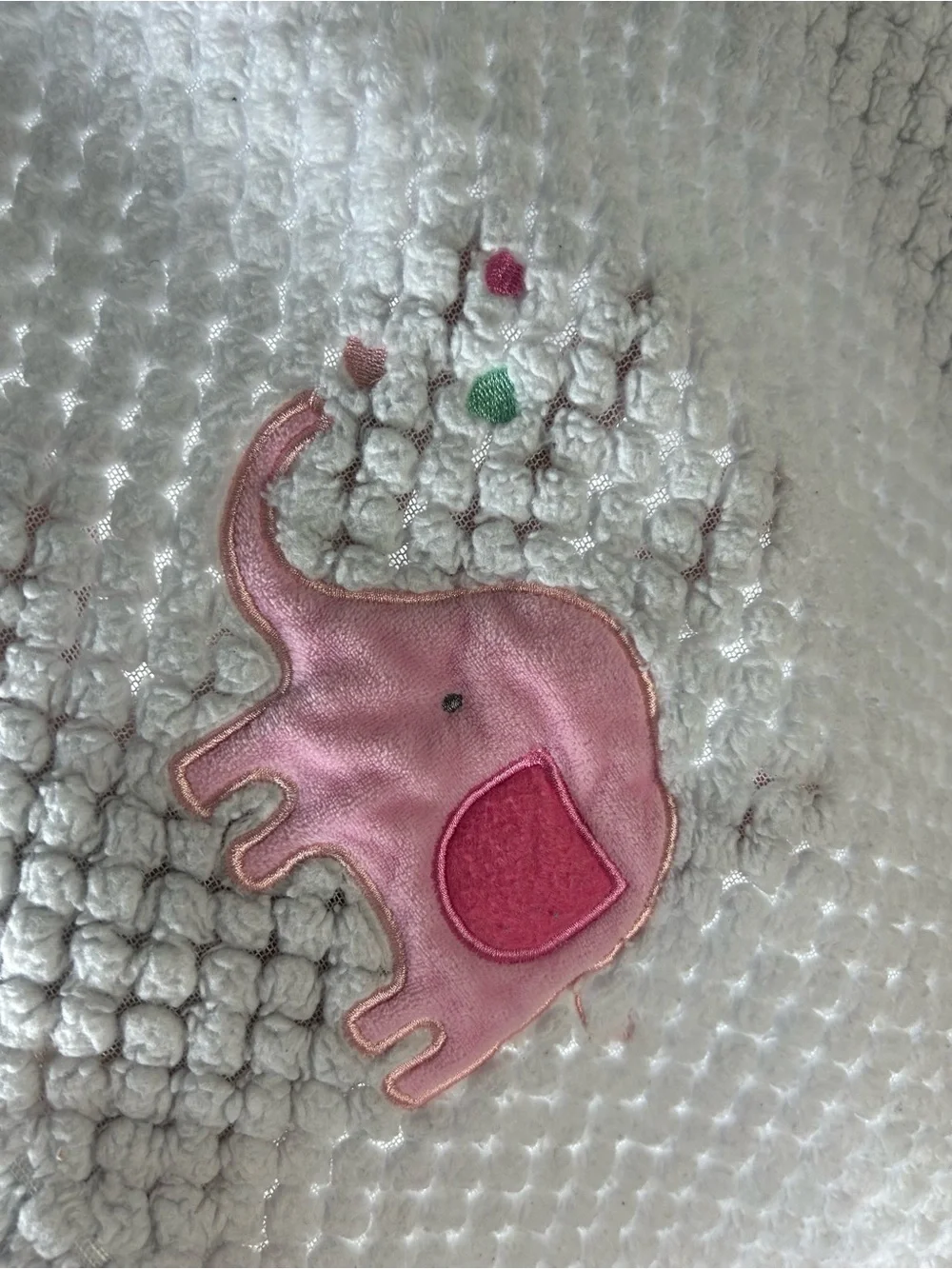RN 36753 Pink Elephant Baby Blanket White Textured Green Heart Lovey